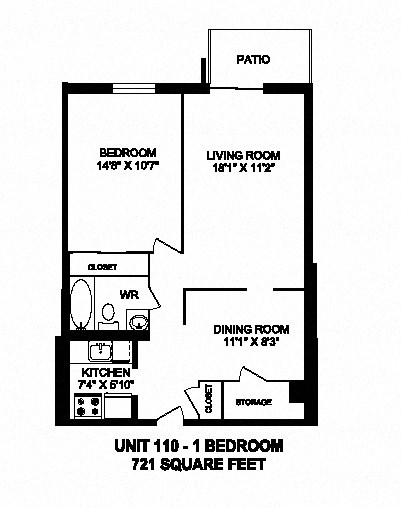 One bedroom, one bathroom apartment layout at Capitol Hill Apartments in Kitchener, ON