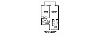 One bedroom, one bathroom apartment layout at Capitol Hill Apartments in Kitchener, ON
