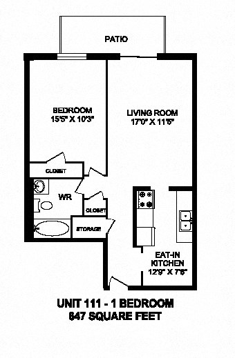 One bedroom, one bathroom apartment layout at Capitol Hill Apartments in Kitchener, ON