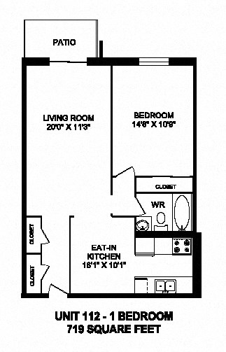 One bedroom, one bathroom apartment layout at Capitol Hill Apartments in Kitchener, ON