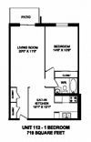 One bedroom, one bathroom apartment layout at Capitol Hill Apartments in Kitchener, ON