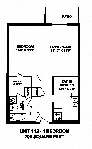 One bedroom, one bathroom apartment layout at Capitol Hill Apartments in Kitchener, ON