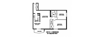 Two bedroom, one bathroom apartment layout at Capitol Hill Apartments in Kitchener, ON