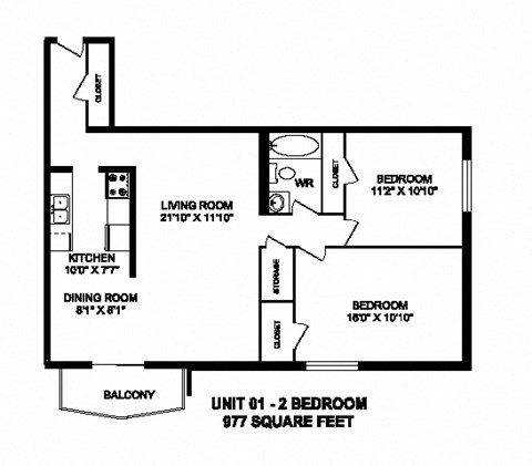 Two bedroom, one bathroom apartment layout at Capitol Hill Apartments in Kitchener, ON