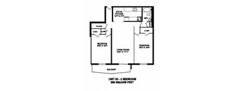 Two bedroom, one bathroom apartment layout at Capitol Hill Apartments in Kitchener, ON