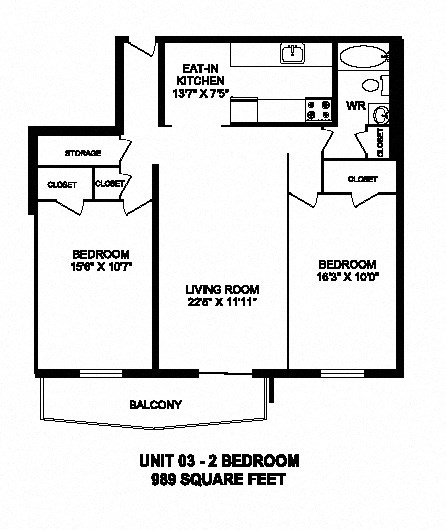 Two bedroom, one bathroom apartment layout at Capitol Hill Apartments in Kitchener, ON