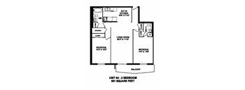Two bedroom, one bathroom apartment layout at Capitol Hill Apartments in Kitchener, ON