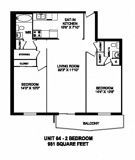 Two bedroom, one bathroom apartment layout at Capitol Hill Apartments in Kitchener, ON