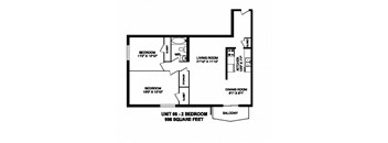 Two bedroom, one bathroom apartment layout at Capitol Hill Apartments in Kitchener, ON