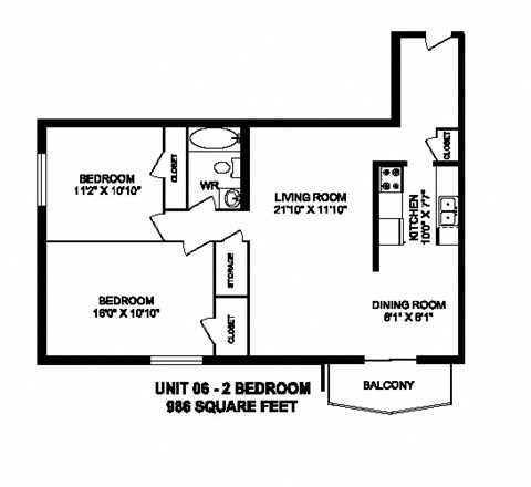Two bedroom, one bathroom apartment layout at Capitol Hill Apartments in Kitchener, ON