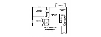 Two bedroom, one bathroom apartment layout at Capitol Hill Apartments in Kitchener, ON