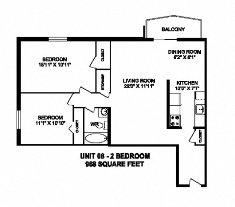 Two bedroom, one bathroom apartment layout at Capitol Hill Apartments in Kitchener, ON