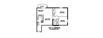 Two bedroom, one bathroom apartment layout at Capitol Hill Apartments in Kitchener, ON