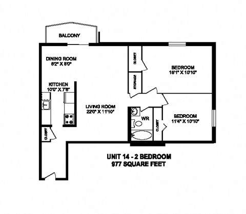 Two bedroom, one bathroom apartment layout at Capitol Hill Apartments in Kitchener, ON