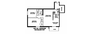 Two bedroom, one bathroom apartment layout at Capitol Hill Apartments in Kitchener, ON