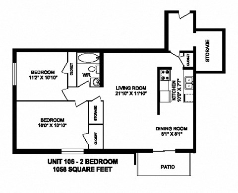 Two bedroom, one bathroom apartment layout at Capitol Hill Apartments in Kitchener, ON
