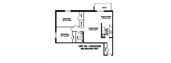 Two bedroom, one bathroom apartment layout at Capitol Hill Apartments in Kitchener, ON