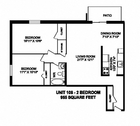 Two bedroom, one bathroom apartment layout at Capitol Hill Apartments in Kitchener, ON
