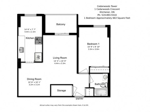 One bedroom, one bathroom apartment layout at Cedarwoods Tower in Kitchener, ON