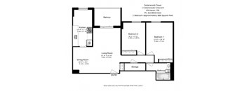 Two bedroom, one bathroom apartment layout at Cedarwoods Tower in Kitchener, ON