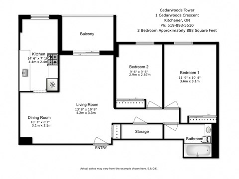 Two bedroom, one bathroom apartment layout at Cedarwoods Tower in Kitchener, ON