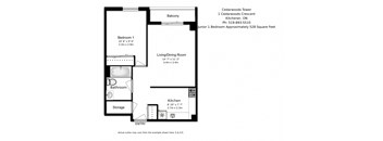 One bedroom, one bathroom apartment layout at Cedarwoods Tower in Kitchener, ON