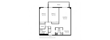 Two bedroom, one bathroom apartment layout at Leamington Heights in Leamington, ON