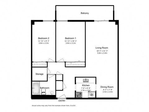 Two bedroom, one bathroom apartment layout at Leamington Heights in Leamington, ON