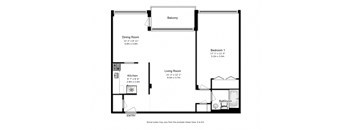 One bedroom, one bathroom apartment layout at Park Towers Apartments in London, ON