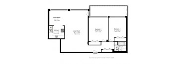 Two bedroom, one bathroom apartment layout at Park Towers Apartments in London, ON