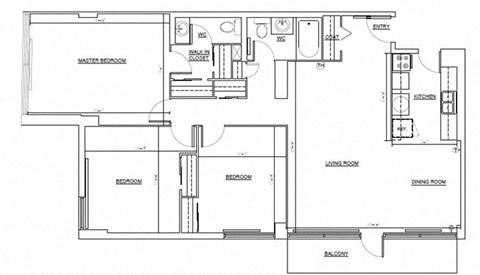 Three bedroom, one bathroom apartment layout at Somerset Place Apartments in London, ON