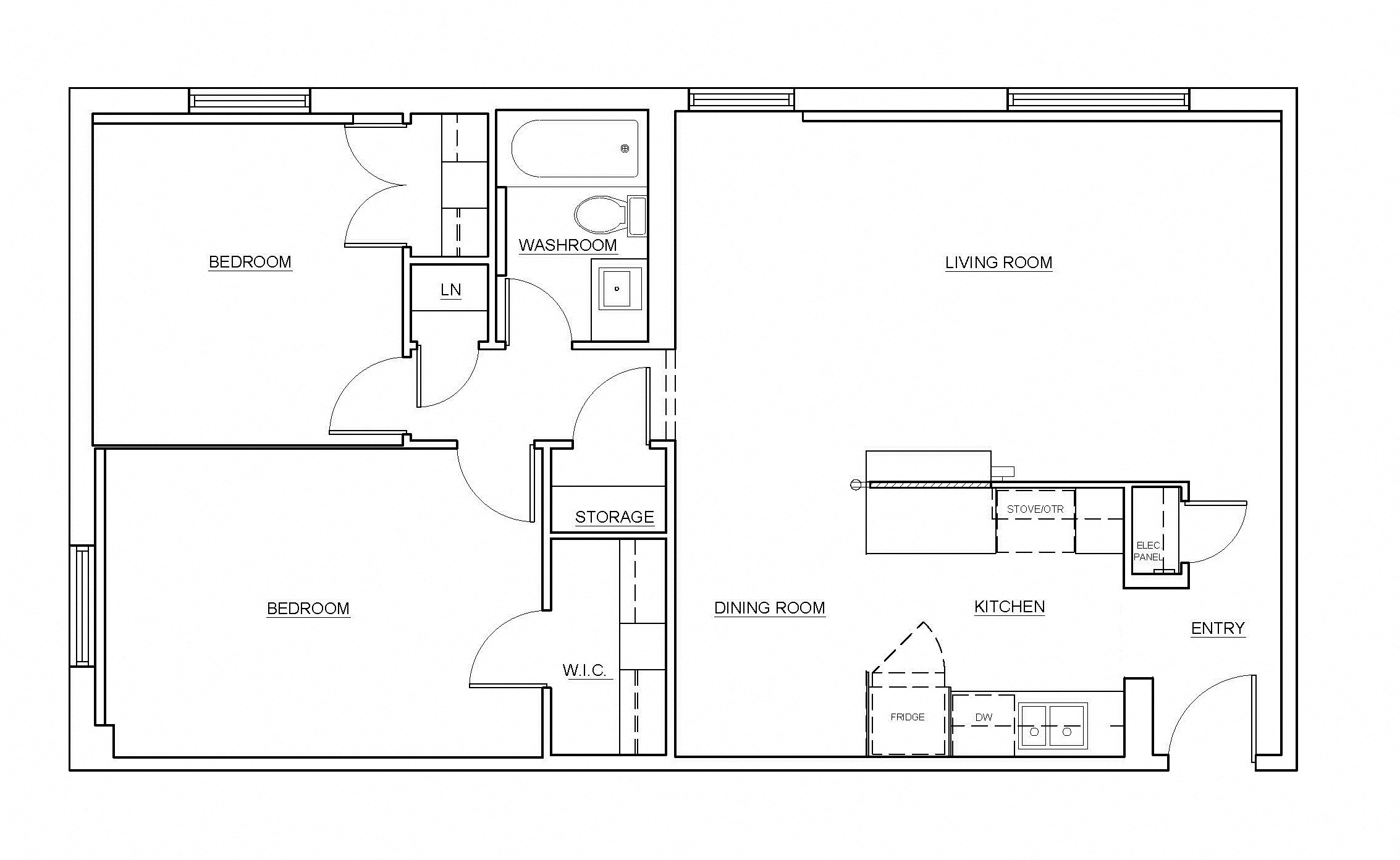 Two bedroom, one bathroom apartment layout at Millside Tower in Milton, ON