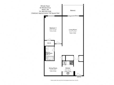 One bedroom, one bathroom apartment layout at Millside Tower in Milton, ON