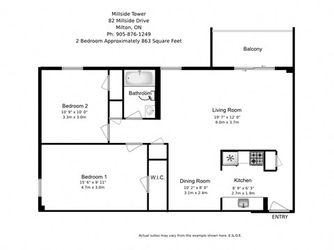 Two bedroom, one bathroom apartment layout at Millside Tower in Milton, ON