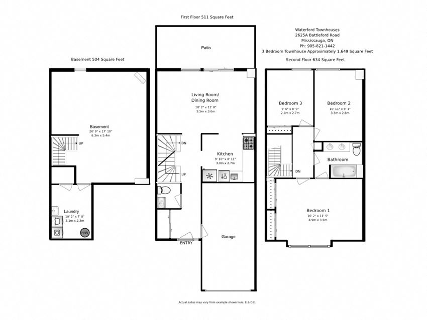 Three bedroom, one bathroom apartment layout at Waterford Townhouses in Mississauga, ON