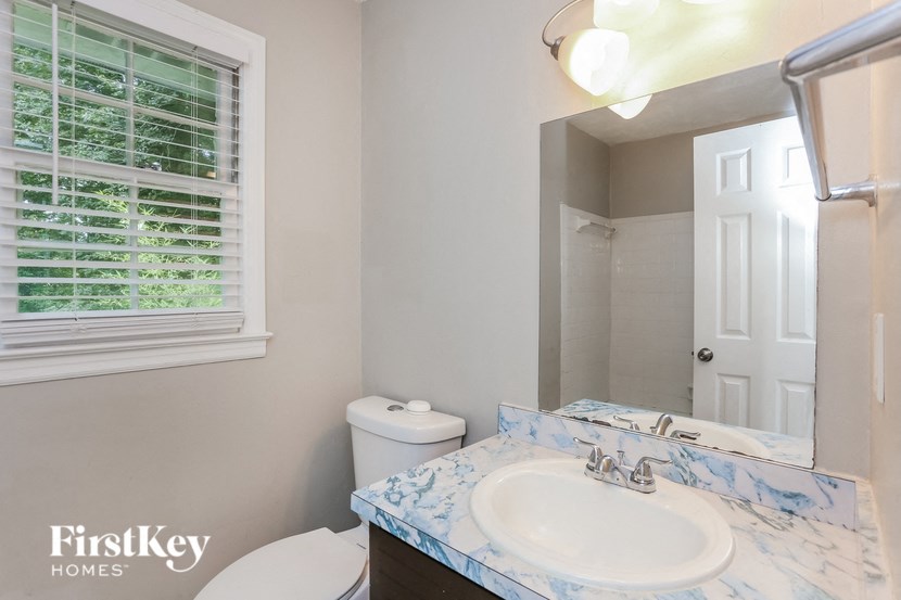 a bathroom with a sink and a toilet and a mirror