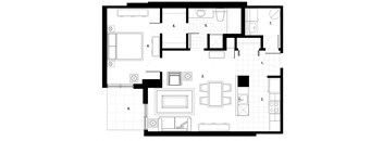 One bedroom, one bathroom apartment layout at Excelsior Apartments in Montreal, QC