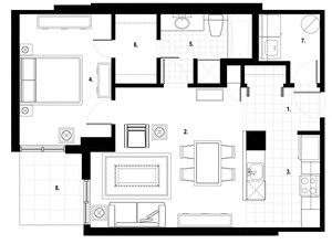 One bedroom, one bathroom apartment layout at Excelsior Apartments in Montreal, QC