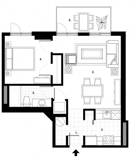 One bedroom, one bathroom apartment layout at Excelsior Apartments in Montreal, QC