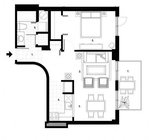 One bedroom, one bathroom apartment layout at Excelsior Apartments in Montreal, QC
