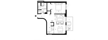 One bedroom, one bathroom apartment layout at Excelsior Apartments in Montreal, QC