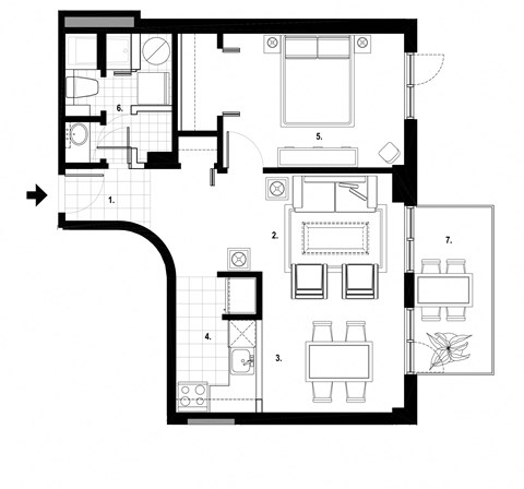 One bedroom, one bathroom apartment layout at Excelsior Apartments in Montreal, QC