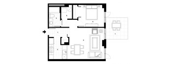 One bedroom, one bathroom apartment layout at Excelsior Apartments in Montreal, QC