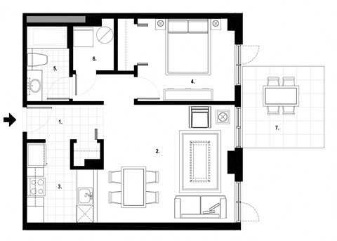 One bedroom, one bathroom apartment layout at Excelsior Apartments in Montreal, QC