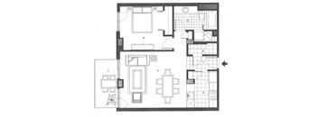 One bedroom, one bathroom apartment layout at Excelsior Apartments in Montreal, QC