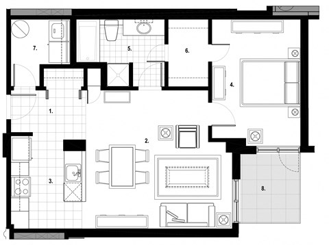 One bedroom, one bathroom apartment layout at Excelsior Apartments in Montreal, QC