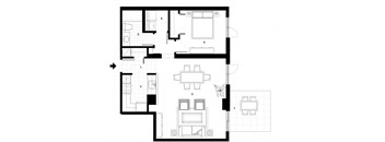 One bedroom, one bathroom apartment layout at Excelsior Apartments in Montreal, QC