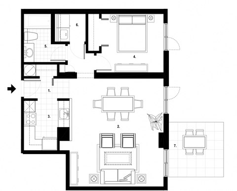 One bedroom, one bathroom apartment layout at Excelsior Apartments in Montreal, QC