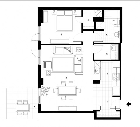 One bedroom, one bathroom apartment layout at Excelsior Apartments in Montreal, QC