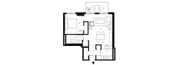 One bedroom, one bathroom apartment layout at Excelsior Apartments in Montreal, QC